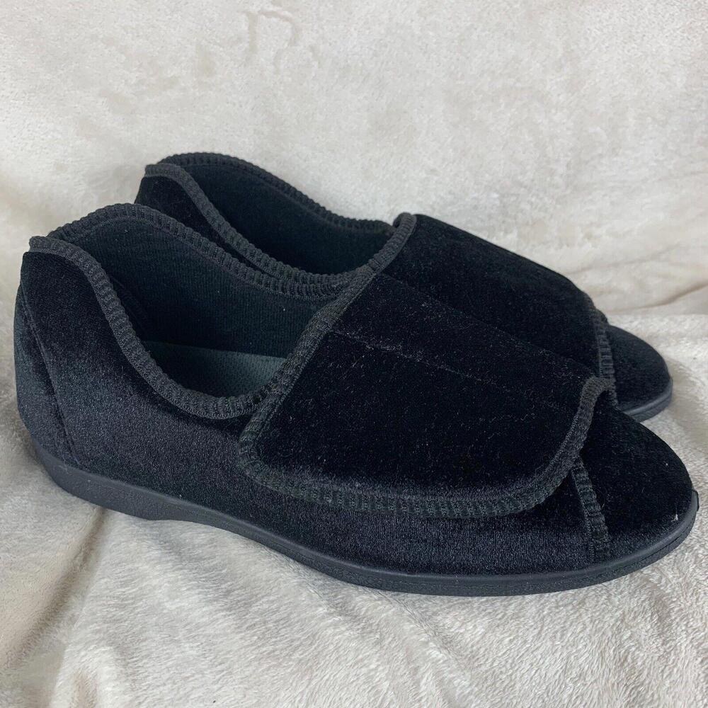 Tender Tootsies Womens Black Velour Comfort Slippers Shoes Size 9W Adjustable